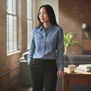 Pendleton Dusty Blue w/White Polka Dot Button-Up Shirt Women’s Size 8P